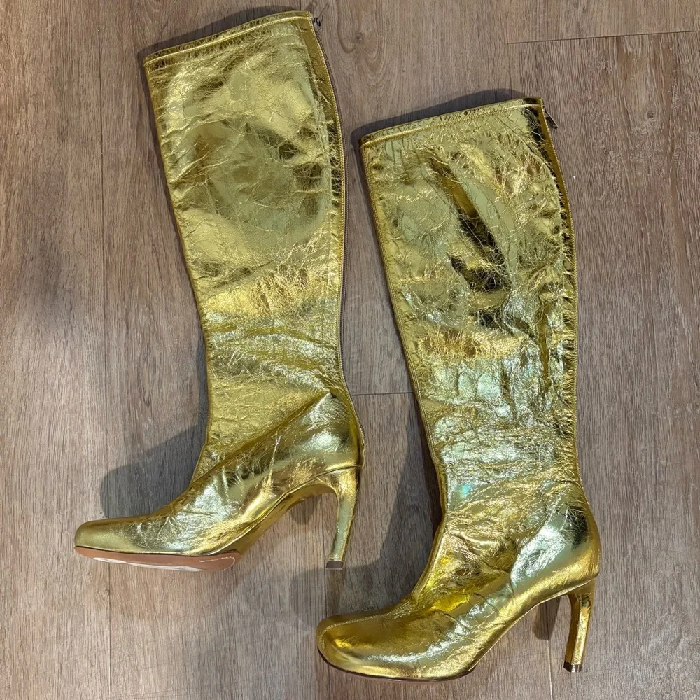 Dries Van Noten Gold Metallic Leather Statement Knee Boots Sz 36.5 - Picture 2 of 16